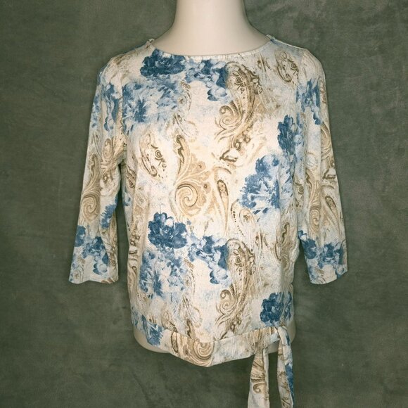 Chicos Womens Blouse Small (1) 3/4 Sleeve Floral Tie Hem Top Pull Over - Picture 2 of 6